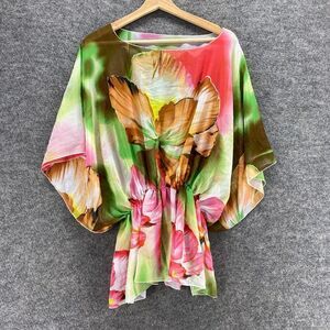 LeModa Blouse Women 2XL Green Floral 3/4 Sleeve Elastic Waist Pullover Casual
